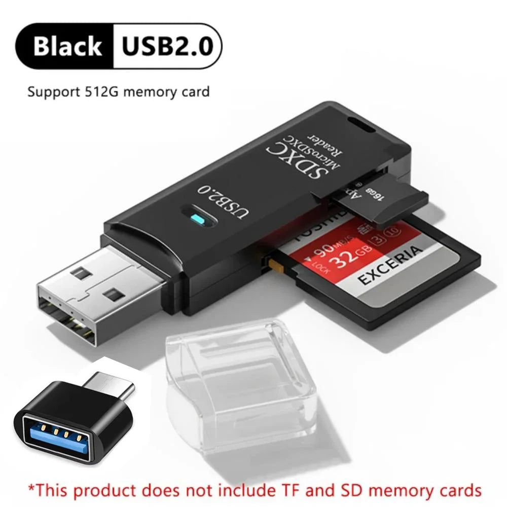 Black USB 2.0 SDXC card reader with an adapter and a clear plastic case.