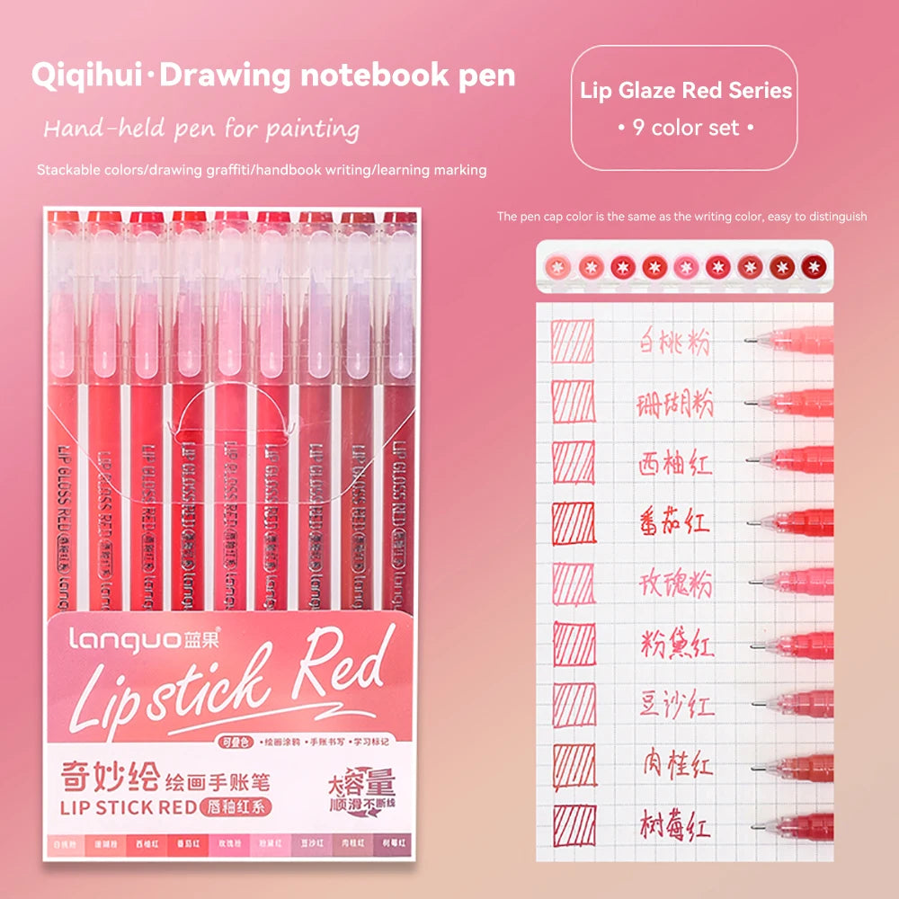 A set of nine lip glaze red colored pens and drawing notebook pens for painting and writing