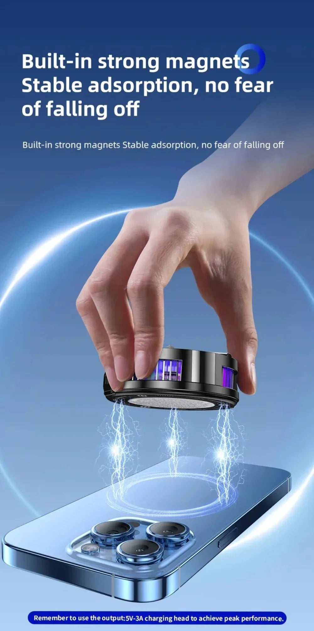 A hand holds a magnetic phone cooler with RGB lighting, demonstrating stable adsorption onto a smartphone.