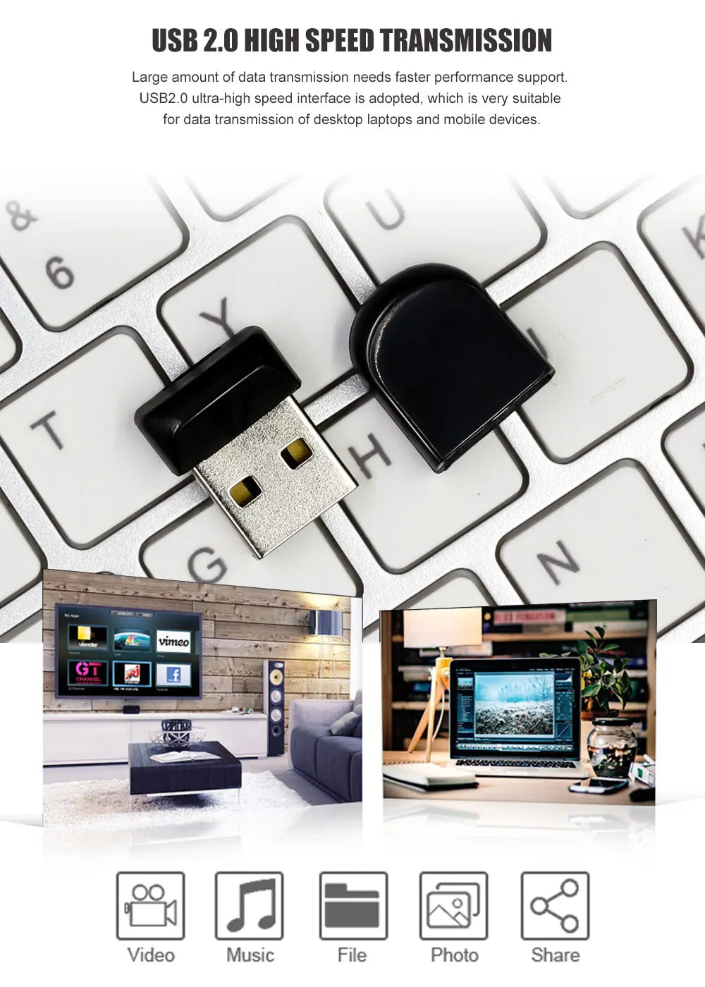 Schwarzer USB 2.0 Hochgeschwindigkeits-Übertrageradapter neben einem Laptop und verschiedenen Daten-Icons.