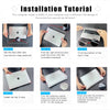 Tutorial de instalación mostrando pasos para instalar una funda protectora en una MacBook.