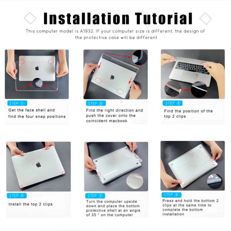 Tutorial de instalación mostrando pasos para instalar una funda protectora en una MacBook.