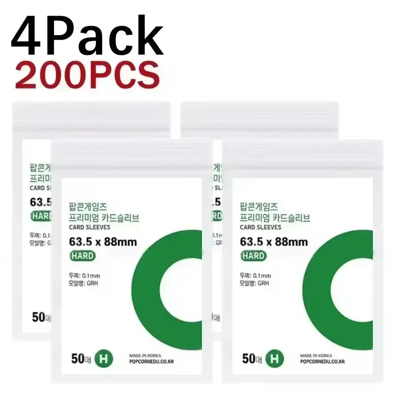 A package of four packs containing 200 transparent protective card sleeves with a green and white design.