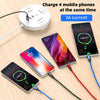 A white charging hub is shown with four cables charging mobile phones simultaneously.
