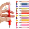 A hand presses down on a red erasable gel pen, next to a display of various colored pens.