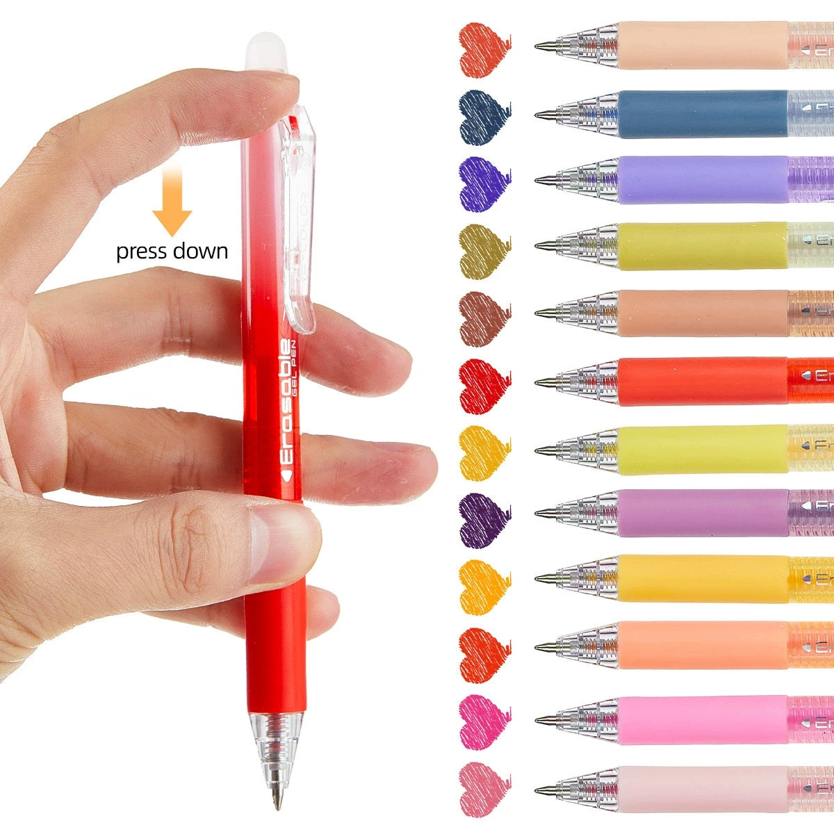 A hand presses down on a red erasable gel pen, next to a display of various colored pens.