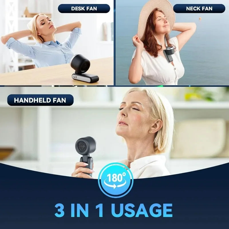A portable handheld fan is shown in three uses: desk fan, neck fan, and handheld use.