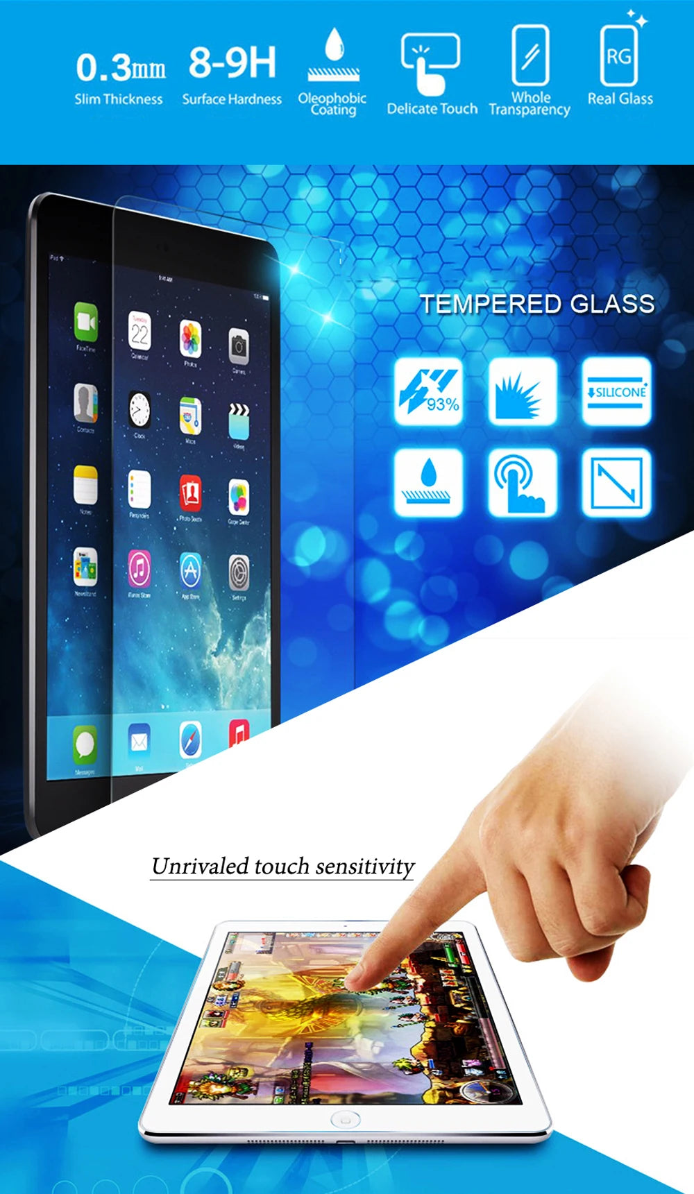 A hand touches a tablet displaying a vibrant screen, demonstrating the touch sensitivity of tempered glass screen protectors.