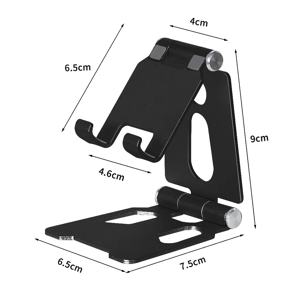 Support de téléphone portable noir, portable, avec bras réglables et base plate.