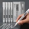 A hand holds a white permanent marker pen next to a box containing twelve permanent markers.