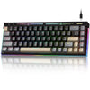 A black mechanical keyboard with RGB backlight and a detachable cable is shown on a reflective surface.