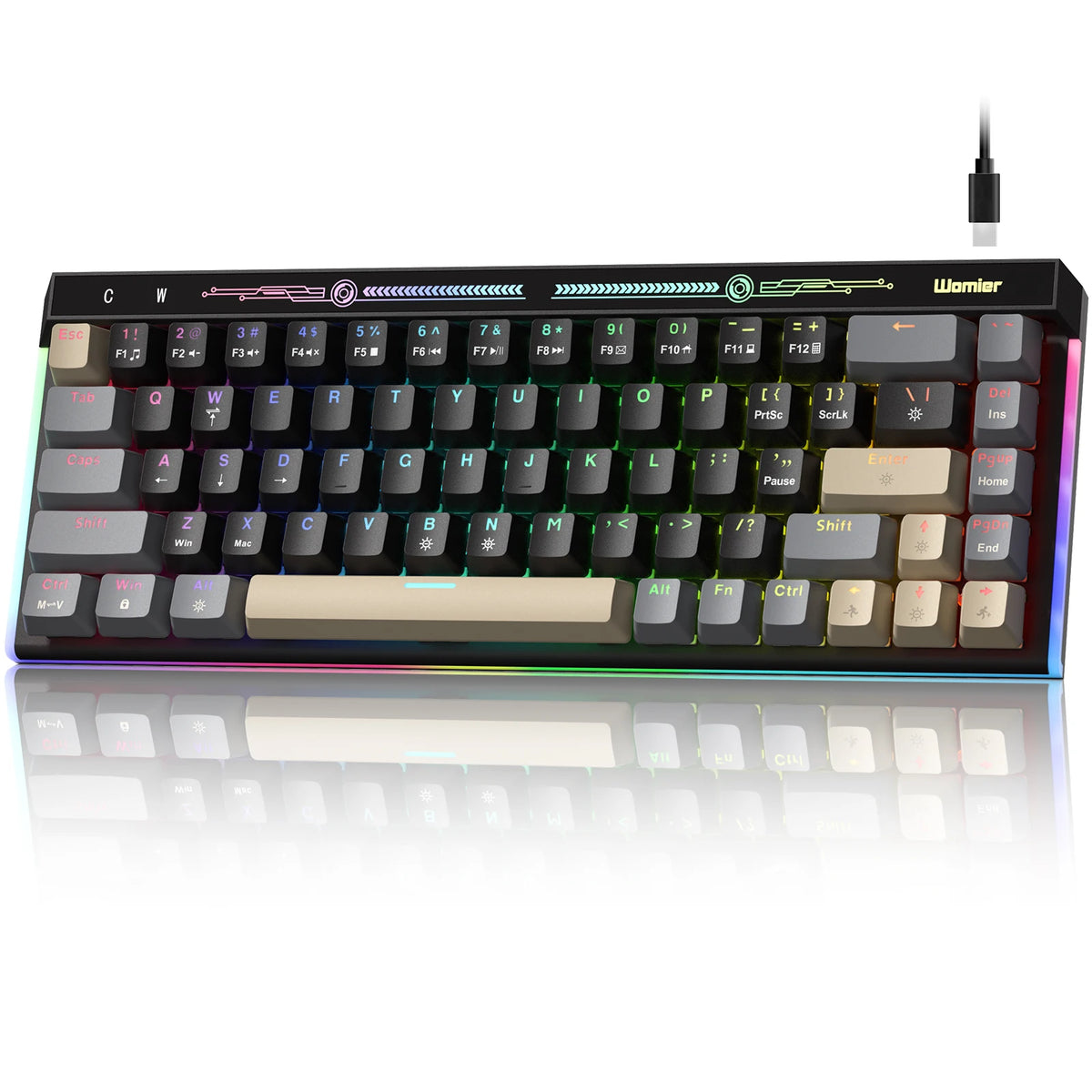 A black mechanical keyboard with RGB backlight and a detachable cable is shown on a reflective surface.