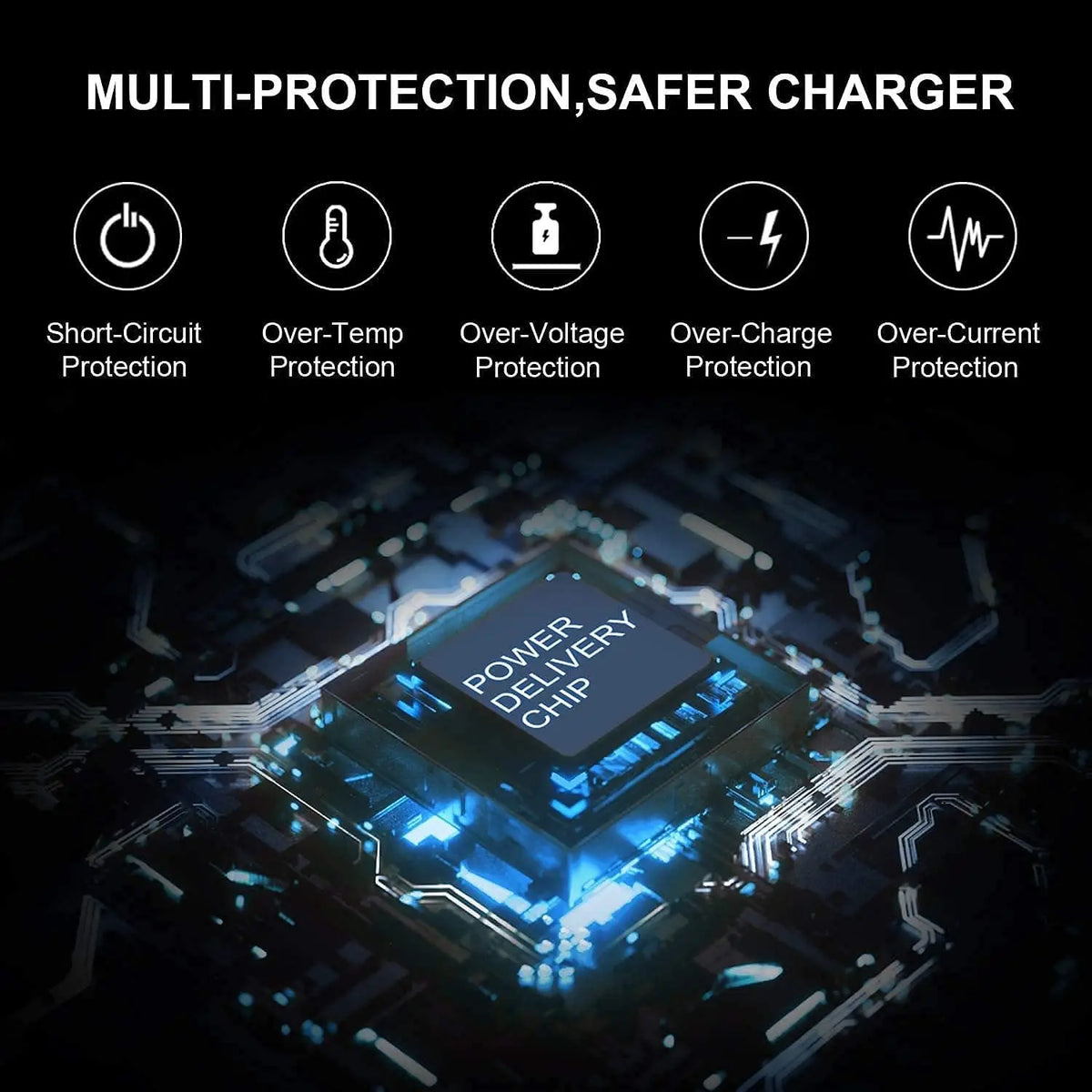 Diagram showing various protection features like short-circuit, over-temp, over-voltage, over-charge, and over-current protec