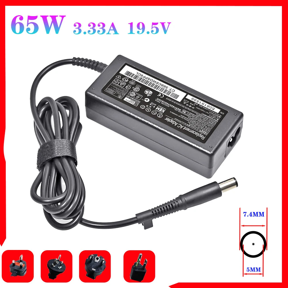 Black 65W 3.33A 19.5V AC adapter with a cable and various tip sizes