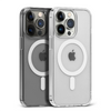 A clear magnetic phone case with built-in MagSafe compatibility shown in a vertical orientation.