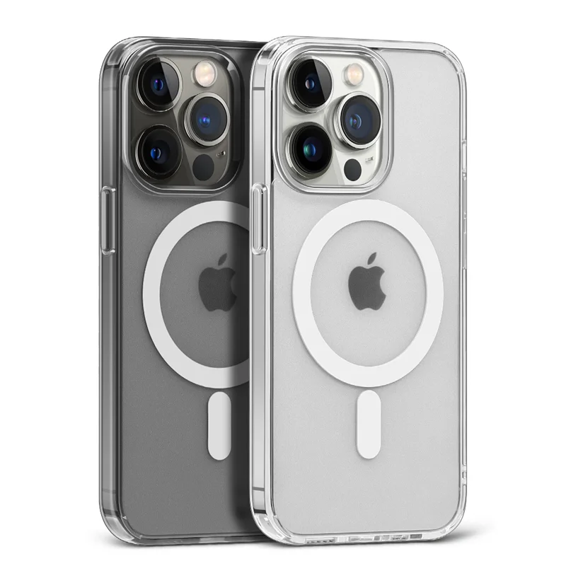 A clear magnetic phone case with built-in MagSafe compatibility shown in a vertical orientation.