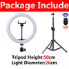 LED ring light with a tripod stand showing the light diameter and height specifications