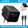 A black Anker 45W Nano Smart Display Charger with a charging cable shown next to the device.