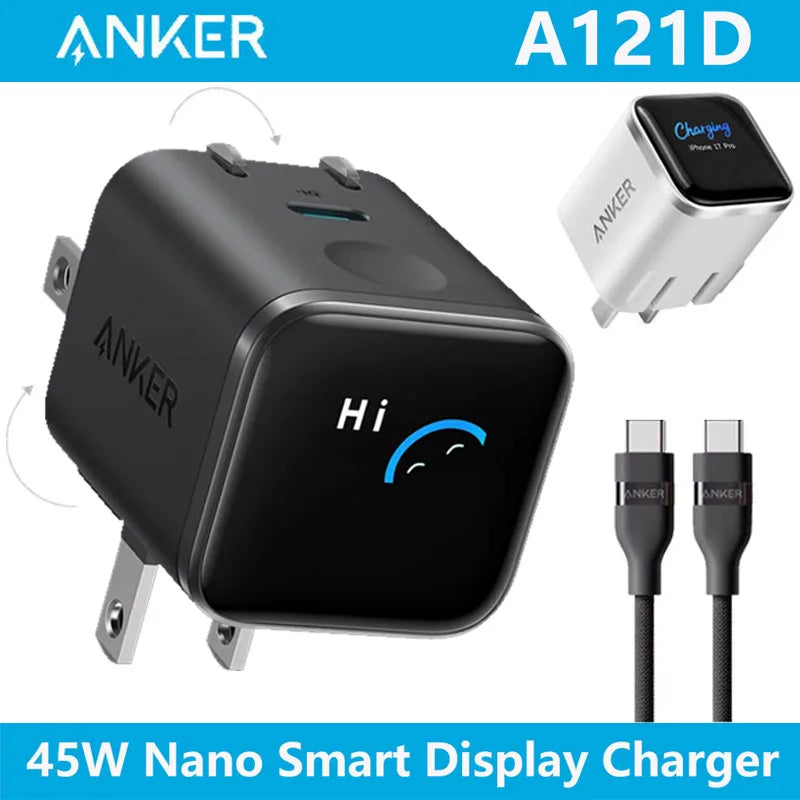 A black Anker 45W Nano Smart Display Charger with a charging cable shown next to the device.