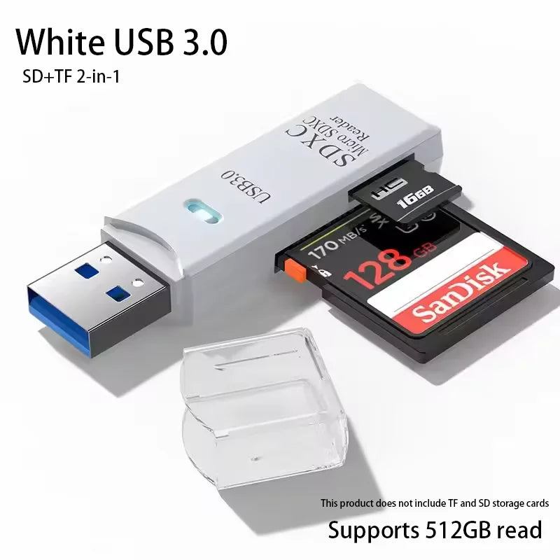 White USB 3.0 SD and TF 2-in-1 card reader with a removable adapter and storage cards