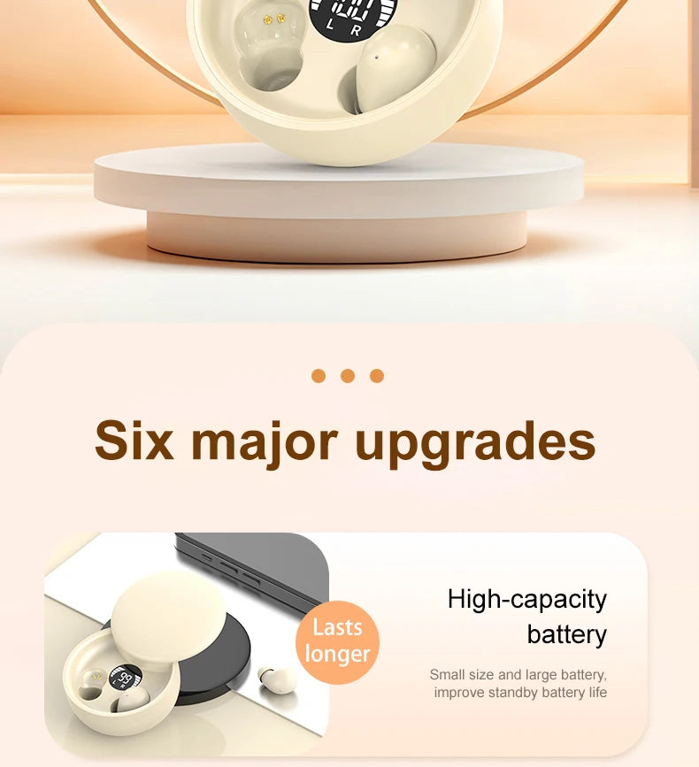 A white wireless earbud is shown inside a light-colored charging case, highlighting six major upgrades for the product.