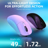 Ultra-light design gaming mouse in light purple and black colors shown against a blue background.