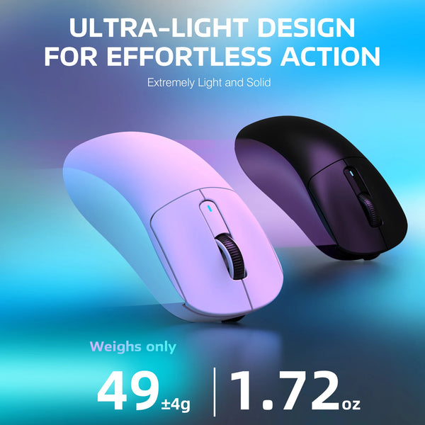 Ultra-light design gaming mouse in light purple and black colors shown against a blue background.