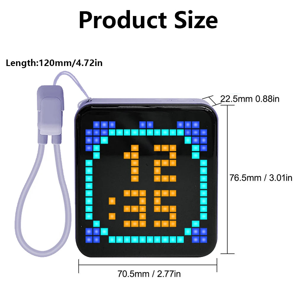 A black 16x16 LED pixel display showing the time 12:35, with a white cord attached.