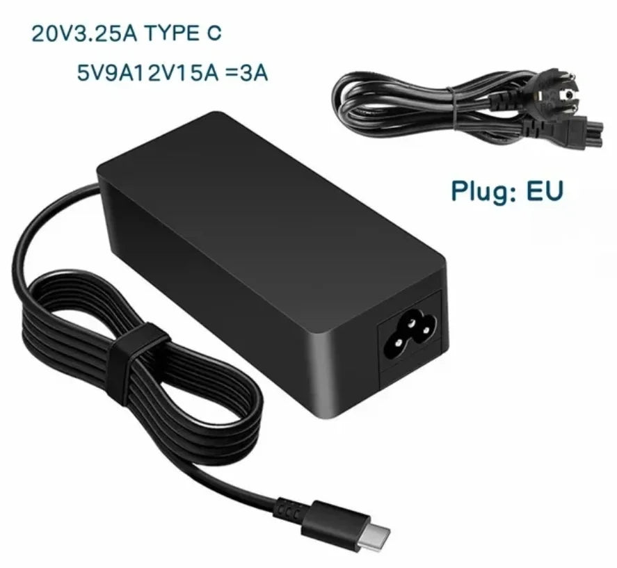 A black USB-C laptop charger with a cable and plug for EU power.