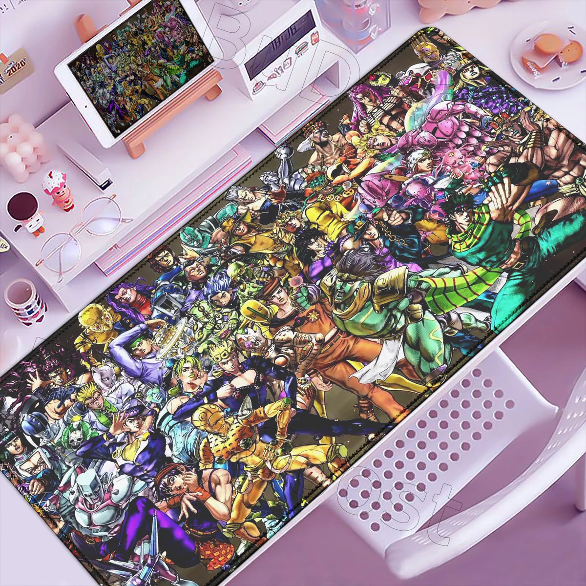 Anime-inspired XXL gaming mouse pad featuring a dense illustration of characters and vibrant colors