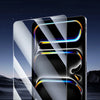 A clear tempered glass screen protector is shown applied to an iPad, displaying vibrant light effects.