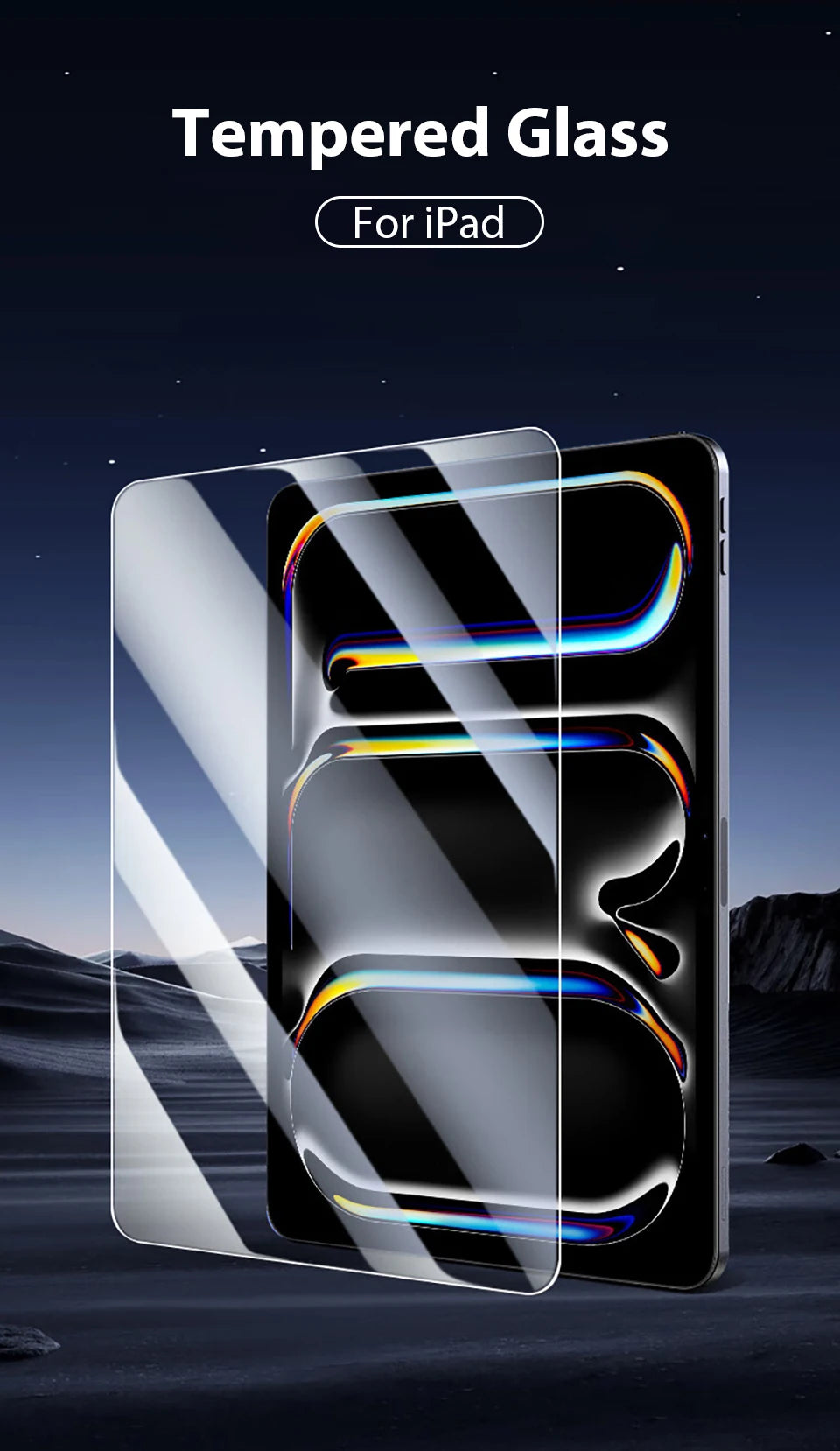 A clear tempered glass screen protector is shown applied to an iPad, displaying vibrant light effects.