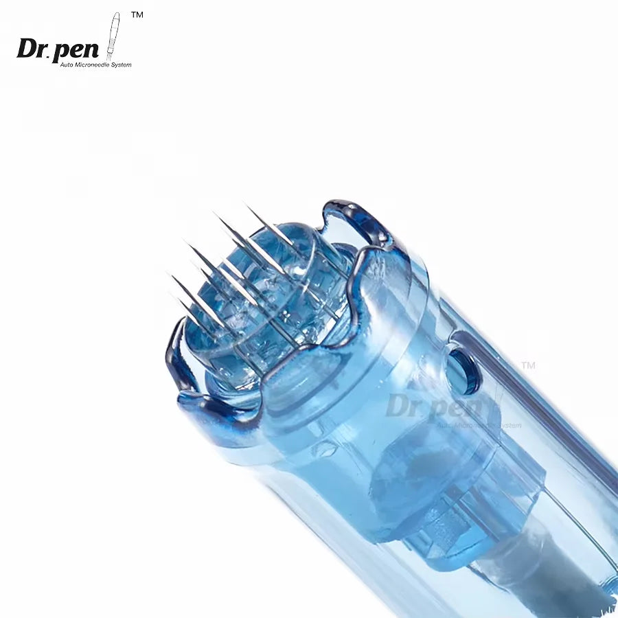 A close-up view of a Dr. pen microneedling cartridge with multiple sharp needles.