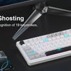 A white membrane keyboard is shown with a computer monitor and a smartphone in the background.