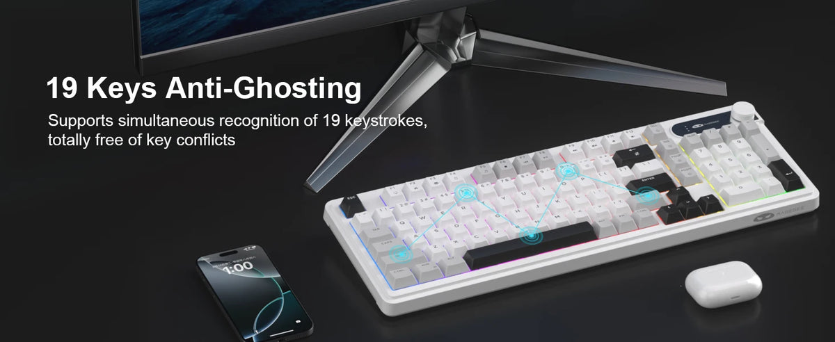 A white membrane keyboard is shown with a computer monitor and a smartphone in the background.