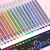 A set of glitter gel pens in various colors arranged diagonally on a white surface.