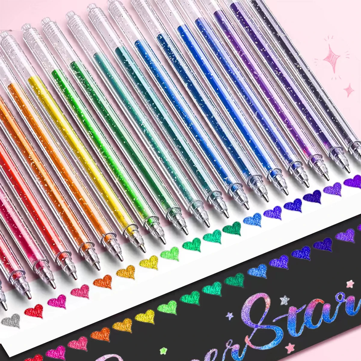 A set of glitter gel pens in various colors arranged diagonally on a white surface.