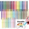 A collection of 9 colored erasable gel pens with fine points displayed in a hand.
