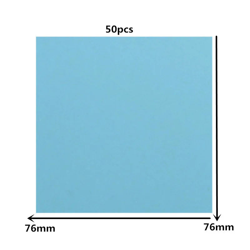 A rectangular sheet of light blue transparent sticky notes with dimensions 76mm by 76mm, packaged as a 50 piece sheet.