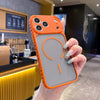 A hand holds an orange Frosted Magnetic Silicone case for an iPhone, displaying a gray phone back.