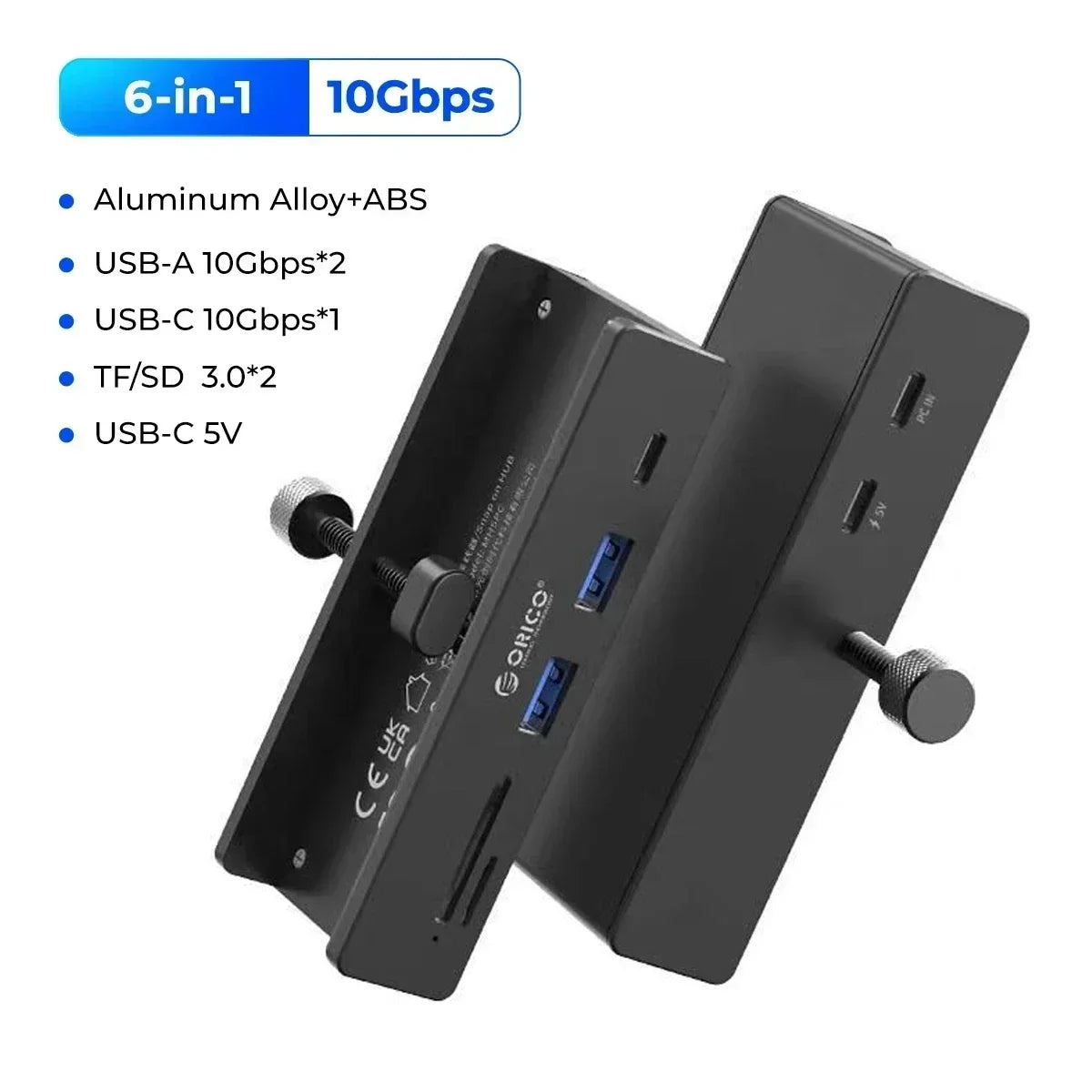 A black multi-port USB 3.0 hub with various ports and a clip is shown against a white background.