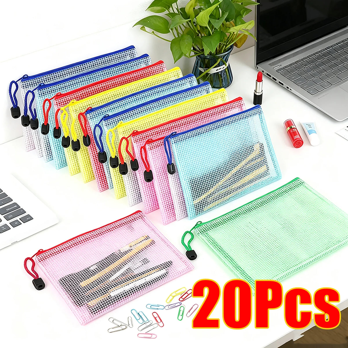 Un juego de 20 bolsas organizadoras de documentos transparentes con cierre, en varios colores y tamaños, mostrados sobre una 