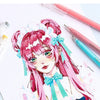 A watercolor illustration of an anime girl with pink hair and a bow, painted using a Morandi hand ledger set.