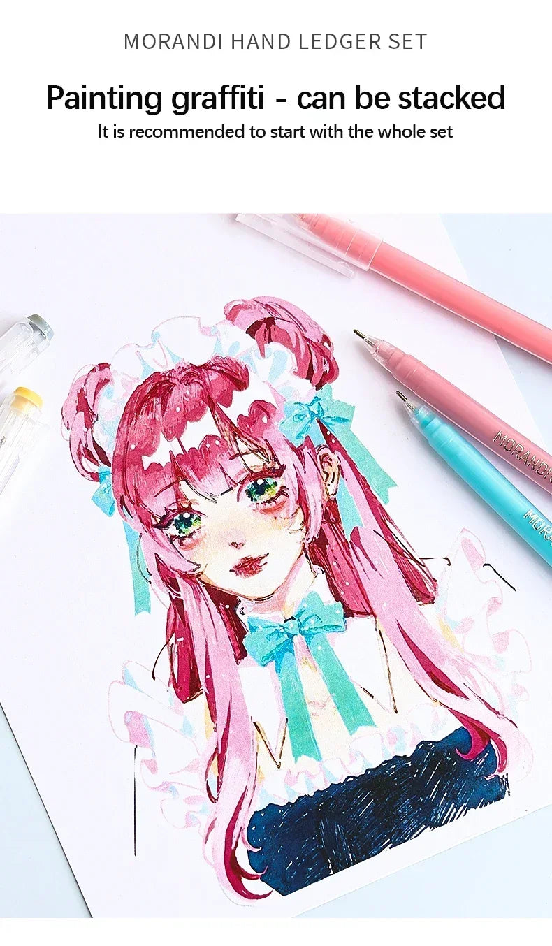 A watercolor illustration of an anime girl with pink hair and a bow, painted using a Morandi hand ledger set.