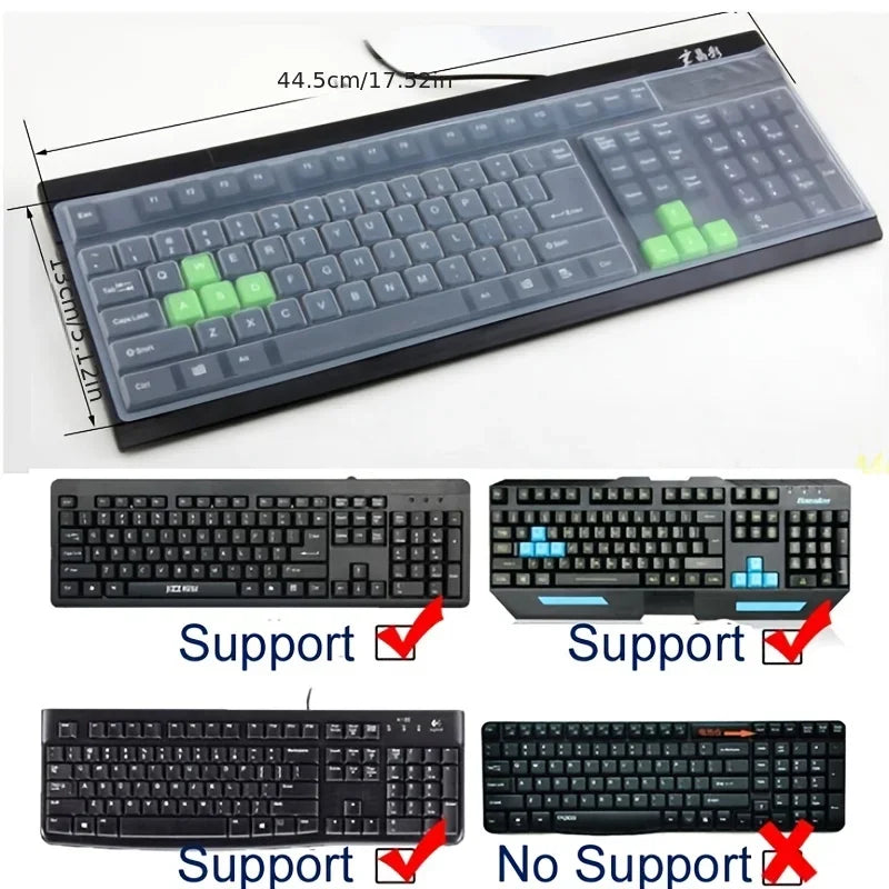 A silicone keyboard protector cover is shown with various laptop keyboards, demonstrating support or no support for different