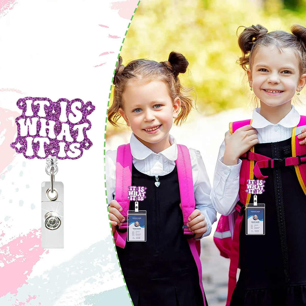 Two young girls smiling while holding retractable badge reels with glitter acrylic designs