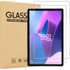 A box for a glass screen protector is shown next to a tablet displaying a vibrant purple and blue screen.