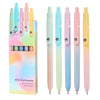 A set of five colorful press type gel pens in various shades of pink, green, and blue.
