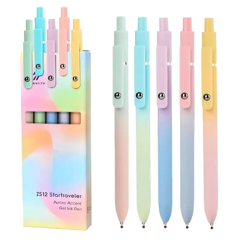 A set of five colorful press type gel pens in various shades of pink, green, and blue.