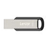 Silver Lexar 128GB USB flash drive with a black clip.